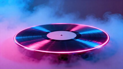 Vinyl record spinning with neon pink and blue light. Retro music concept for party flyer, DJ event, or celebration background.