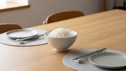 A Simple and Elegant Table Setting with a Bowl of Steamed Rice.