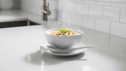 A steaming bowl of delicious noodle soup sits on a clean kitchen counter.
