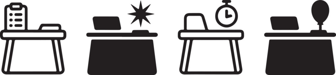 Fototapeta premium Collection of four office desk icons representing work productivity deadlines and creative ideas with communication elements