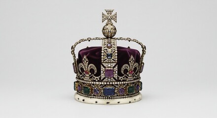 白い背景に輝く宝石と深みのある紫のベルベットで飾られた精巧な王冠柔らかなスタジオ照明の下でその豪華なディテールが鮮やかに浮かび上がり時代を超えた威厳と歴史的な権威を象徴する宝飾品. AI Generated