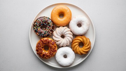 Assortment of Delicious Doughnuts on a White Plate.