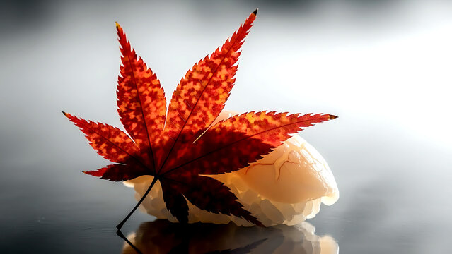 still life, Momiji zen aesthetic of a single scallop nigiri with a translucent red maple leaf, the leaf's shadow a delicate pattern 