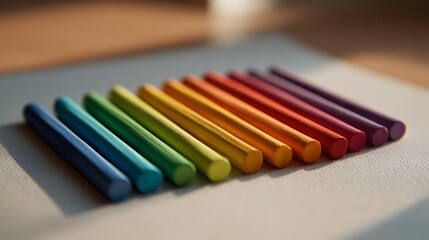 Fototapeta premium A row of vibrant rainbow colored pastel sticks arranged on textured paper under warm golden hour light