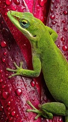 Green lizard on red leaf with water droplets close up