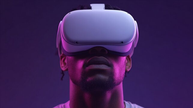 Man wearing oculus quest headset exploring virtual reality gaming metaverse world