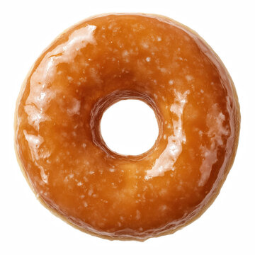 Realistic top view of a single glazed ring donut with shiny sugar icing isolated on transparent background.
