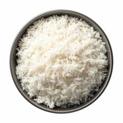 Top view realistic bowl of steamed white rice in ceramic bowl isolated on transparent background.