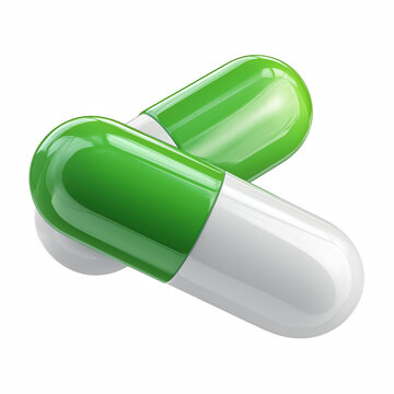 Realistic green and white glossy medicine capsules two pills isolated on transparent background.
