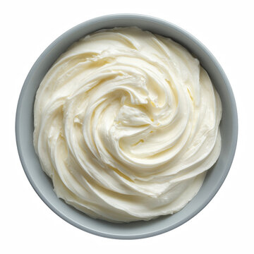 Top view realistic bowl of cream cheese spread with smooth swirls isolated on transparent background.