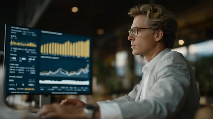 Professional reviewing analytics with “Work Smart” quote as screensaver — symbolizing smart business strategy, innovation, and mindful time management. cinematic color correction, natural uneven