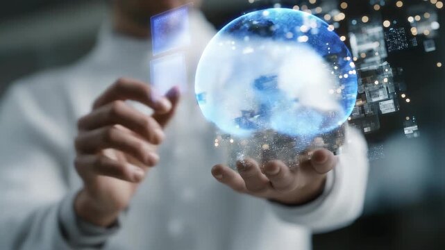 Quantum physicists from multiple continents interacting in a holographic lab, manipulating floating particle simulations in real time &mdash; concept of global scientific collaboration, futuristic