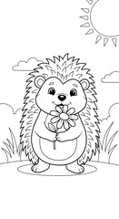 Adorable cartoon hedgehog holding a daisy flower in a sunny outdoor scene - black and white art coloring page for kids