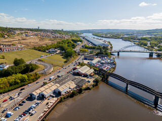 Newcastle upon Tyne UK: 15th Aug 2025: Scotswood roundabout with Elswick in background on a clear day showing traffic and construction activity