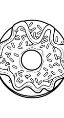 Black and white donut art with sprinkles - simple outline drawing for coloring page and graphic design