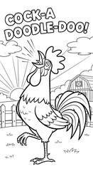 Rooster crowing at sunrise on a farm coloring page with 'cock-a-doodle-doo!' text