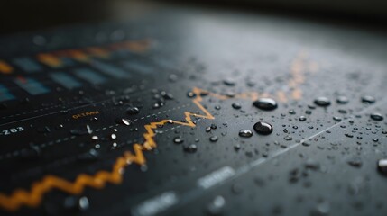 Orange financial graph on a dark wet screen covered with water droplets