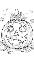 Happy jack-o'-lantern coloring page with autumn leaves and bats, black and white halloween and fall themed art illustration for seasonal activities and decorations