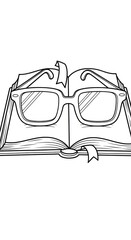 Art drawing of eyeglasses on an open book with bookmarks - a symbol of reading and knowledge