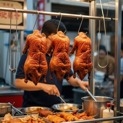 Roasted ducks hanging at a vibrant asian food stall with chef preparing meals