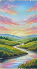 Vibrant pastel landscape painting of a winding river through rolling green hills under a dramatic sunset sky