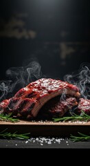 Succulent smoked bbq ribs with rosemary and sea salt, steaming hot on a rustic wooden board
