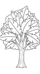 Simple cartoon tree art for coloring - outline drawing of a stylized tree with large leaves on a white background, perfect for kids' activity pages and printable crafts