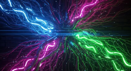 Vibrant luminous intertwined network of neon wires and organic tendrils, representing digital connectivity and futuristic energy flow in a cybernetic landscape
