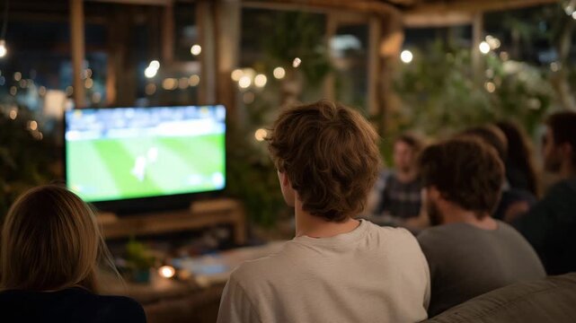 Sports fans gathered in a cozy living room illuminated only by the flickering TV glow, eyes fixed on the screen in tense silence &mdash; the air filled with anticipation, shared emotion, and the