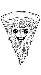 Happy cartoon pizza slice black and white outline with dripping cheese and toppings, isolated on white background, perfect for coloring books or fun food illustrations