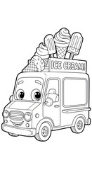 Cartoon ice cream truck coloring page with happy face and various frozen treats on top