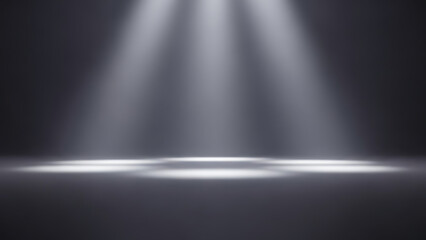 Captivating dynamic spotlights whisk across a dark, empty stage, casting brilliant illumination and creating an atmosphere perfect for an impactful presentation or grand performance