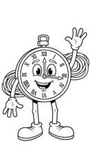 Happy cartoon pocket watch character coloring page with roman numerals, waving hand, smiling face, arms and legs, isolated on white background for kids' activities