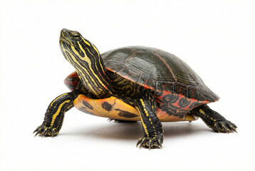 Detailed studio shot of a Painted Turtle with distinctive yellow stripes isolated on white