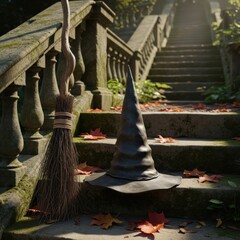 Witch' hat and broom on mossy stone stairs with autumn leaves, bathed in golden sunlight - an enchanted halloween scene
