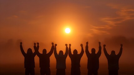 Fototapeta premium Silhouettes of people raising arms in celeb n against a misty sunrise