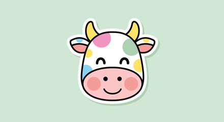 Cute cartoon cow sticker with pastel color spots on soft green background design
