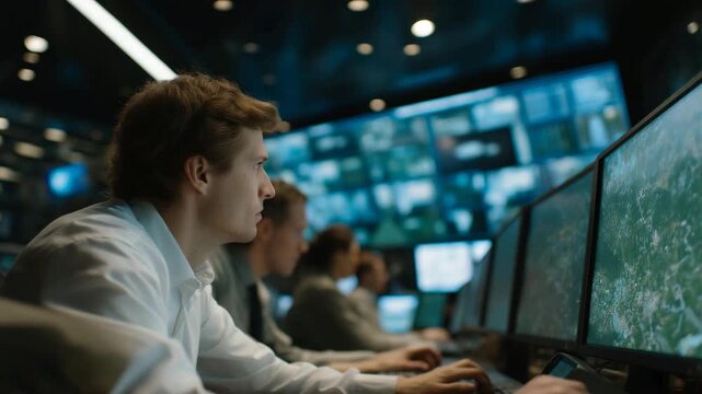 Wide-angle view of multi-analyst cyber lab tracking simulated attacks on secure networks, symbolizing defensive cyber operations, futuristic military technology, and proactive threat mitigation.