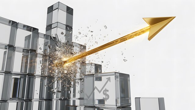 Dynamic golden arrow powerfully shattering transparent barriers, illustrating significant business growth, market breakthrough, and overcoming financial challenges with innovative progress