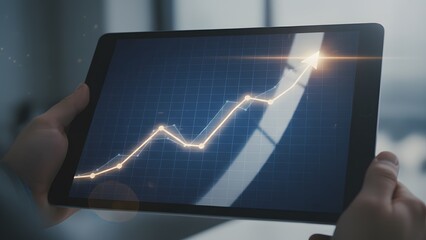 Tablet displays an upward trending financial graph, indicating positive growth and investment potential