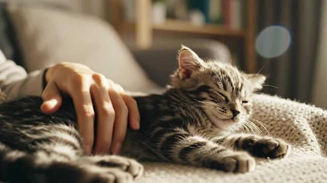 Cozy moment of a tabby kitten enjoying loving head scratches from a person relaxing at home