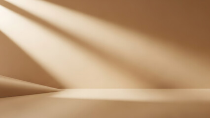 Warm light beams illuminate an empty, minimalist studio space, casting dynamic shadows across the neutral beige wall and floor, creating an elegant backdrop for product display or abstract concepts