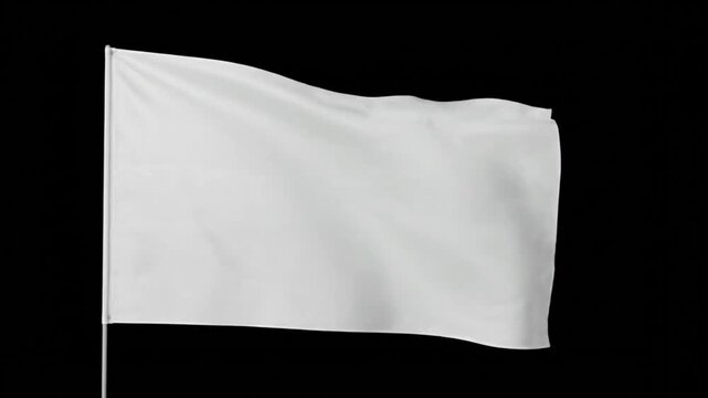 A plain white flag rippling gently is affixed to a pole on the left and set against a stark black background