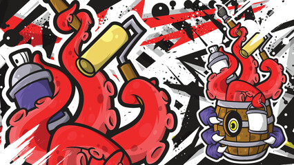 Urban Graffiti Style Illustration of Red Octopus Monster with Painting Tools © Nj Art