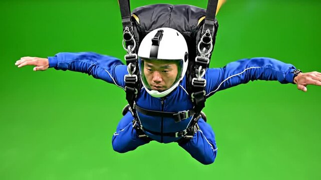 Skydiver in blue jumpsuit with open arms in freefall against vibrant green screen background, ready for effects