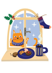 An orange cat, on a snowy day, peeking through the window and looking at a plate of cookies. Christmas scene. Vector illustration