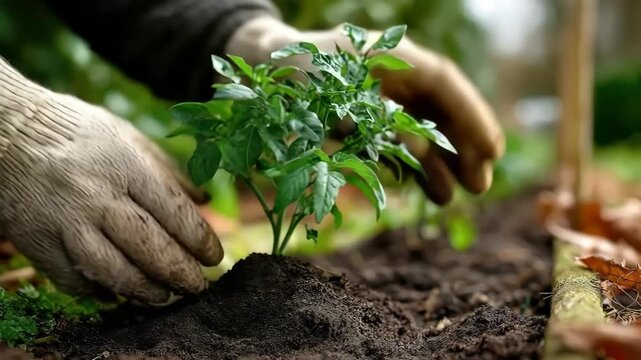Farmer Planting Seedling in Rural Garden
