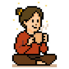 Obraz premium Pixel Woman Drinking Hot Coffee
