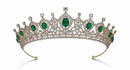 白い背景で輝く豪華なエメラルドとダイヤモンドのティアラ繊細な細工が施され高貴な美しさが際立つ. AI Generated