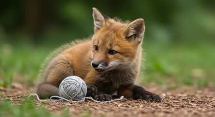 森の陽だまりで遊ぶ可愛い子ギツネがふわふわの毛糸玉に夢中やわらかな自然光が織りなす牧歌的で心温まる光景. AI Generated